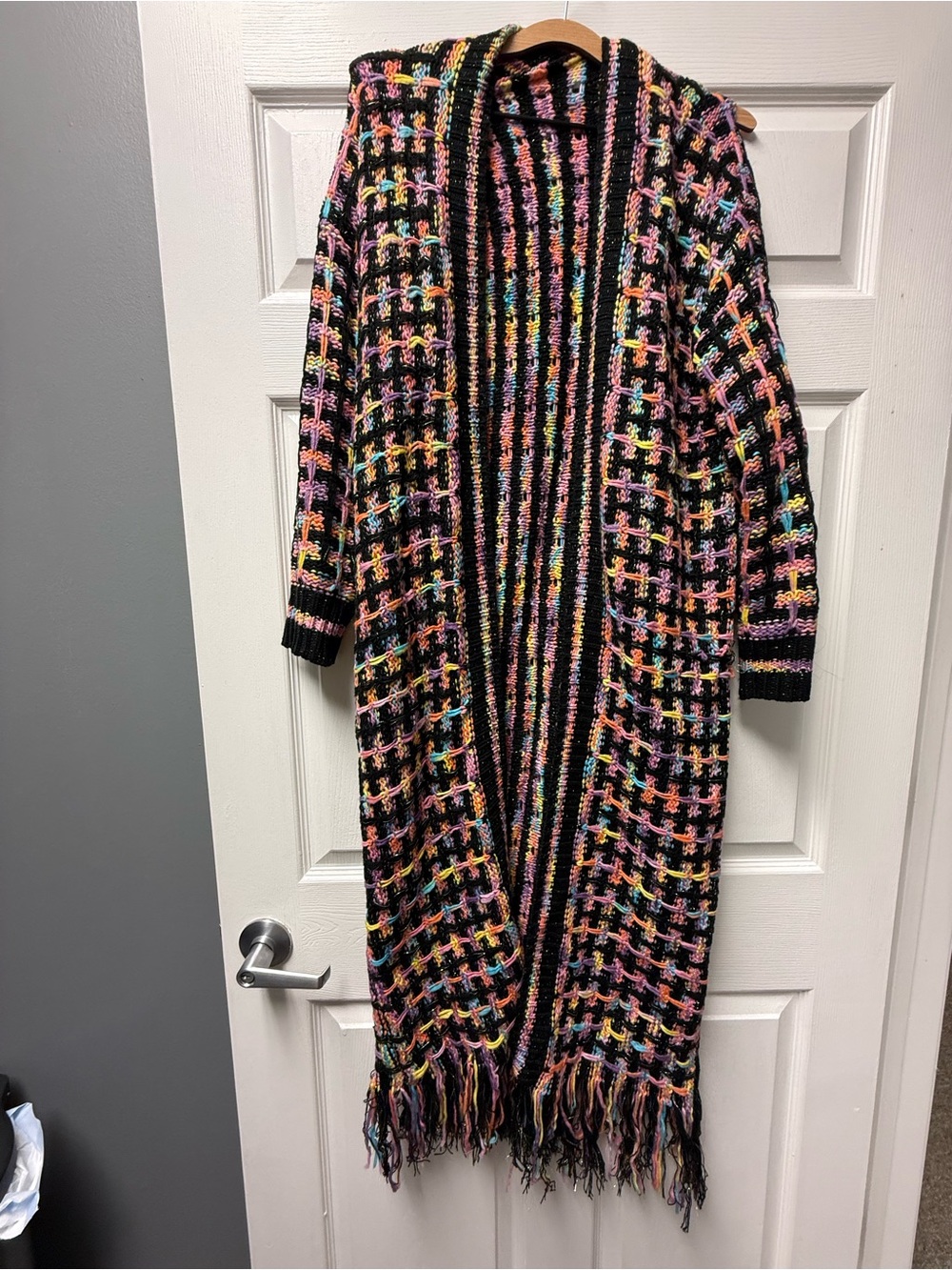 Long Black Multicolor Fringe Knit Cardigan